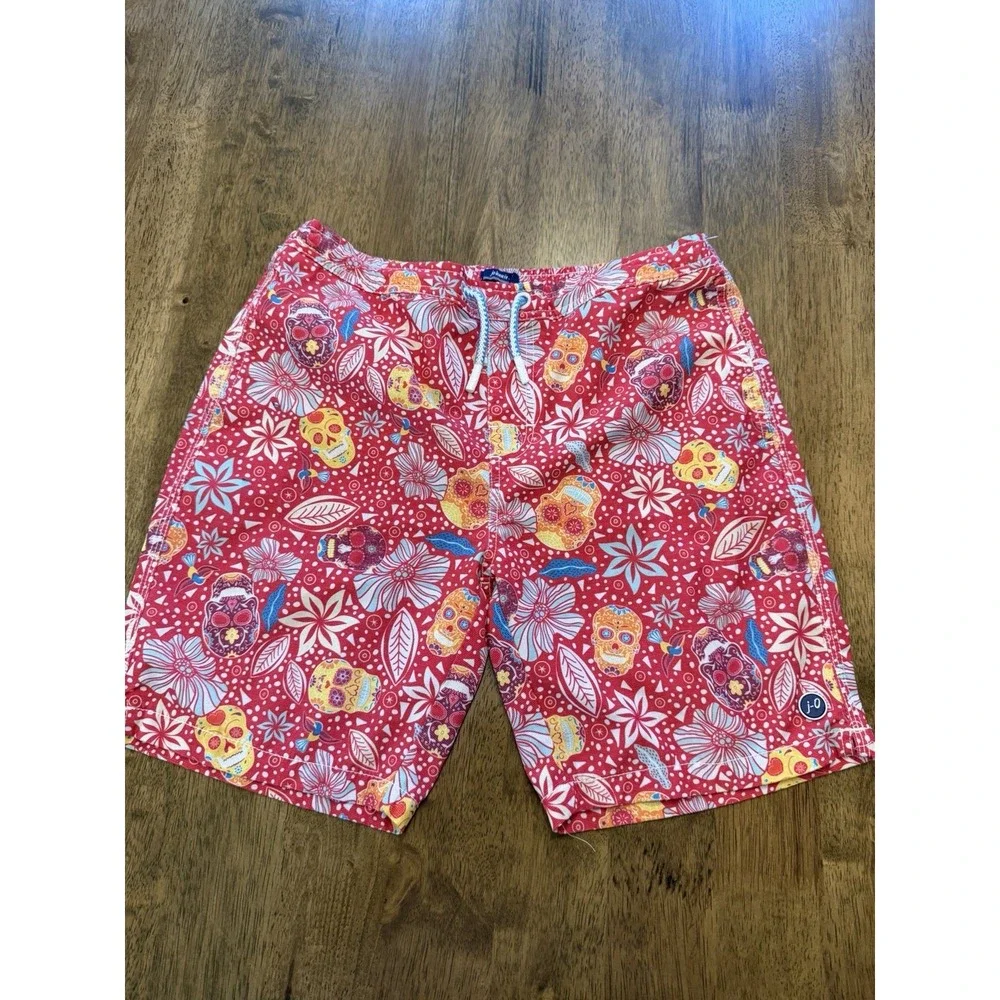 johnnie-O Boys 14 Swim Shorts Red Floral Sugar Skull Drawstring Lined